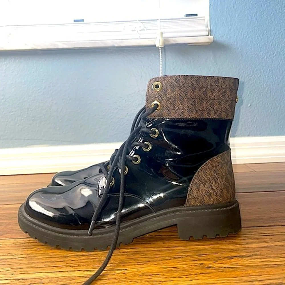 combat boots lace up monogram boots Michael Kors boots chunky boot Glossy black